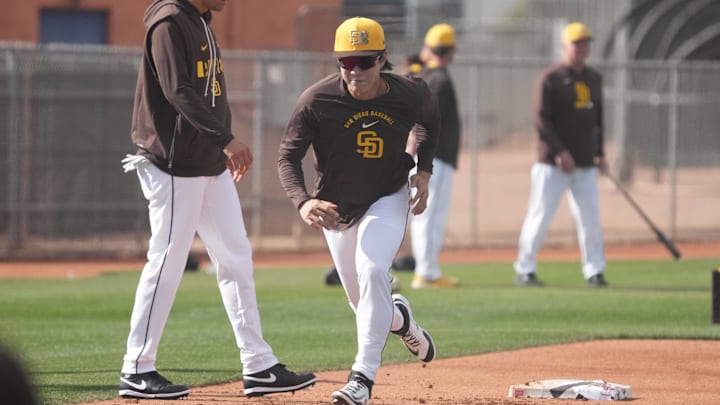 Feb 15, 2026; Peoria, AZ, USA; San Diego Padres infielder Sung-Mun Song (24) runs the bases during spring training camp. Mandatory Credit: Rick Scuteri-Imagn Images