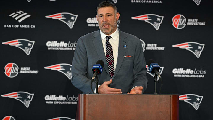 Mike Vrabel addresses the media at a press conference to announce his hiring as the New England Patriots head coach at Gillette Stadium.