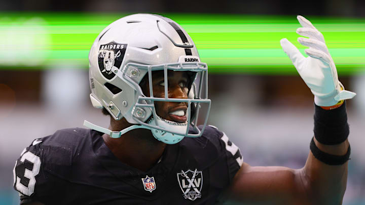 Nov 17, 2024; Miami Gardens, Florida, USA; Las Vegas Raiders linebacker Amari Gainer (53) reacts from the bench against the Miami Dolphins during the fourth quarter at Hard Rock Stadium. Mandatory Credit: Sam Navarro-Imagn Images Nov 17, 2024; Miami Gardens, Florida, USA; Las Vegas Raiders linebacker Amari Gainer (53) reacts from the bench against the Miami Dolphins during the fourth quarter at Hard Rock Stadium. Mandatory Credit: Sam Navarro-Imagn Images