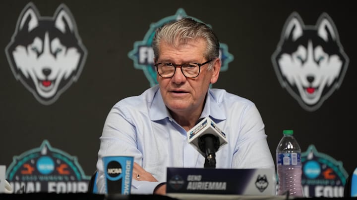 Apr 1, 2022; Minneapolis, MN, USA; UConn Huskies head coach Geno Auriemma speaks to the media after defeating the Stanford Cardinal in the Final Four semifinals of the women's college basketball NCAA Tournament at Target Center. Mandatory Credit: Kirby Lee-Imagn Images