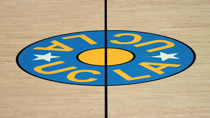 Dec 17, 2024; Los Angeles, California, USA; The UCLA Bruins logo at midcourt at Pauley Pavilion presented by Wescom. Mandatory Credit: Kirby Lee-Imagn Images