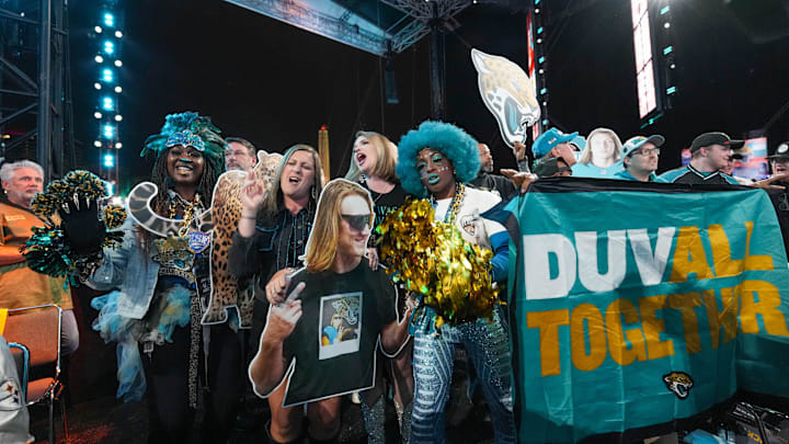 Apr 27, 2023; Kansas City, MO, USA; Jacksonville Jaguars fans during the first round of the 2023 NFL