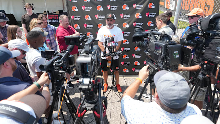 Aug 4, 2024; Cleveland Browns head coach Kevin Stefanski meets with the media before practice at the Browns training facility in Berea, Ohio.