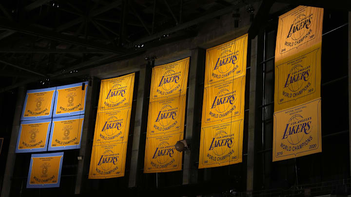 May 20, 2023; Los Angeles, California, USA; Minneapolis and Los Angeles Lakers NBA championship banners during game three of the Western Conference Finals for the 2023 NBA playoffs at Crypto.com Arena. Mandatory Credit: Kirby Lee-Imagn Images