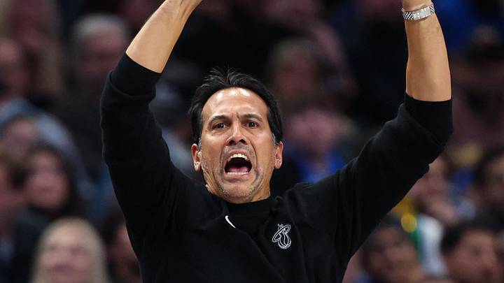 Dec 3, 2025; Dallas, Texas, USA; Miami Heat head coach Erik Spoelstra reacts against the Dallas Mavericks during the second half at American Airlines Center. Mandatory Credit: Kevin Jairaj-Imagn Images Dec 3, 2025; Dallas, Texas, USA; Miami Heat head coach Erik Spoelstra reacts against the Dallas Mavericks during the second half at American Airlines Center. Mandatory Credit: Kevin Jairaj-Imagn Images