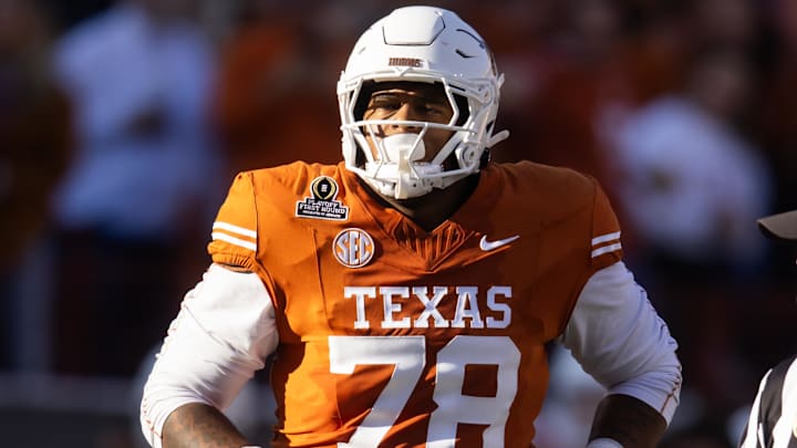 Dec 21, 2024; Austin, Texas, USA; Texas Longhorns offensive lineman Kelvin Banks Jr. (78) against the Clemson Tigers during the CFP National playoff first round at Darrell K Royal-Texas Memorial Stadium. Mandatory Credit: Mark J. Rebilas-Imagn Images