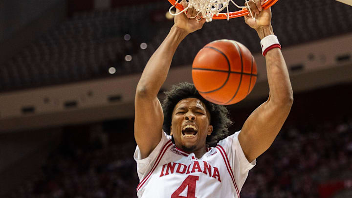 Indiana's Sam Alexis (4) dunks versus Marian men's basketball game at Simon Skjodt Assembly Hall on Friday, Oct. 17, 2025.