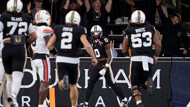 Vanderbilt wide receiver Junior Sherrill (0) celebrates his touchdown against Auburn during the second quarter at FirstBank Stadium in Nashville, Tenn., Saturday, Nov. 8, 2025. Vanderbilt wide receiver Junior Sherrill (0) celebrates his touchdown against Auburn during the second quarter at FirstBank Stadium in Nashville, Tenn., Saturday, Nov. 8, 2025.