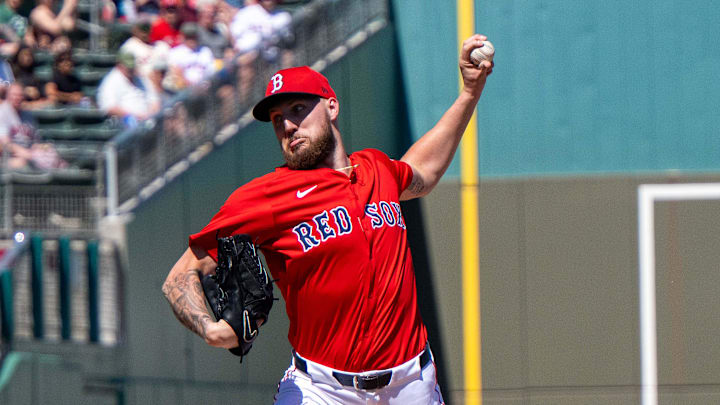 Boston Red Sox pitcher Garrett Crochet (35) pitching in the first inning of their game against the Toronto Blue Jays at JetBlue Park at Fenway South on Feb. 23.