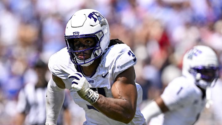 Sep 20, 2025; Fort Worth, Texas, USA; TCU Horned Frogs linebacker Kaleb Elarms-Orr (3) rushes the line during the game between the TCU Horned Frogs and the SMU Mustangs at Amon G. Carter Stadium. Mandatory Credit: Jerome Miron-Imagn Images