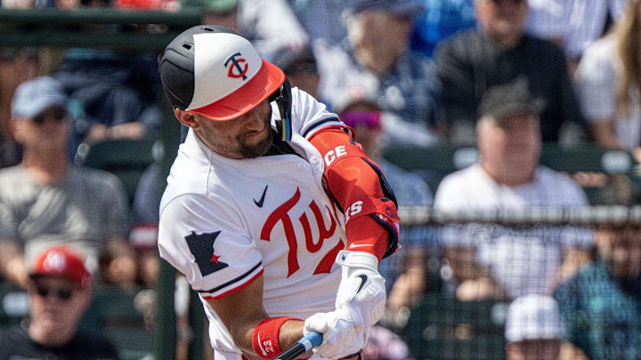 Feb 25, 2025; Fort Myers, Florida, USA; Minnesota Twins designated hitter Royce Lewis (23) bats against the New York Yankees in the first inning at Lee Health Sports Complex. Mandatory Credit: Chris Tilley-Imagn Images