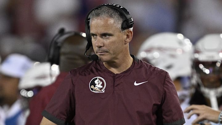 Sep 28, 2024; Dallas, Texas, USA; Florida State Seminoles head coach Mike Norvell during the game between the Southern Methodist Mustangs and the Florida State Seminoles at Gerald J. Ford Stadium. Mandatory Credit: Jerome Miron-Imagn Images
