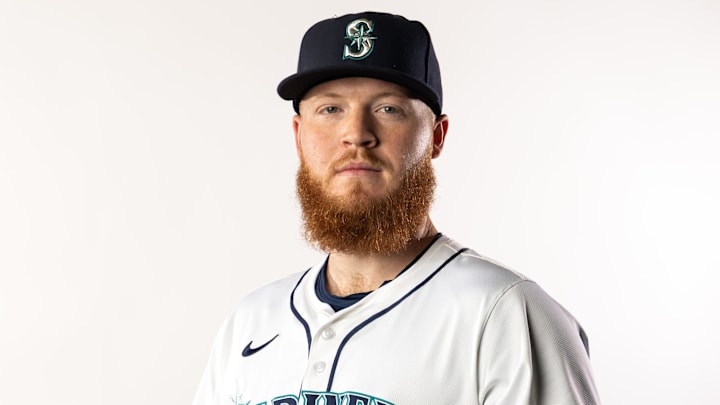 Feb 20, 2025; Peoria, AZ, USA; Seattle Mariners pitcher Will Klein poses for a portrait during media day at Peoria Sports Complex. Mandatory Credit: Mark J. Rebilas-Imagn Images