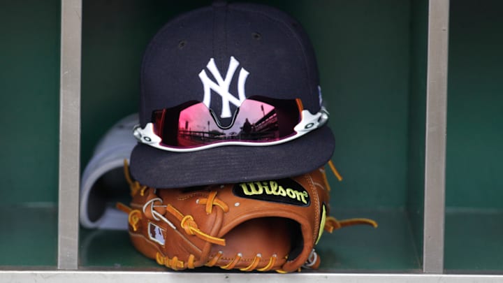 Apr 22, 2017; Pittsburgh, PA, USA;  New York Yankees equipment in the dugout before the game against the Pittsburgh Pirates at PNC Park. The Yankees won 11-5. Mandatory Credit: Charles LeClaire-Imagn Images