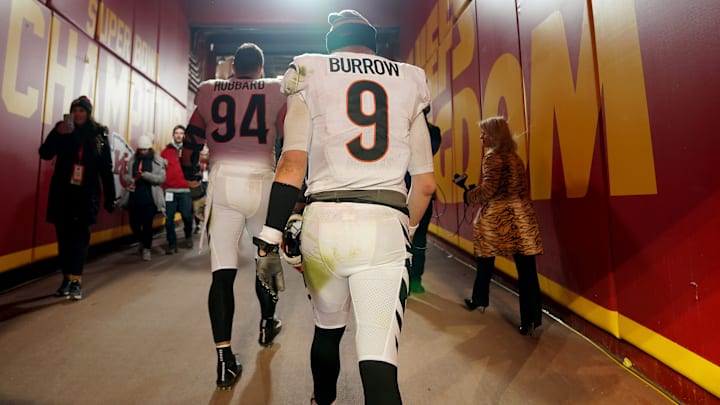 Cincinnati Bengals quarterback Joe Burrow (9) walks off the field at the conclusion of the AFC championship NFL game between the Cincinnati Bengals and the Kansas City Chiefs, Sunday, Jan. 29, 2023, at GEHA Field at Arrowhead Stadium in Kansas City, Mo. The Kansas City Chiefs won, 23-20.

Cincinnati Bengals At Kansas City Chiefs Afc Championship Jan 29 0212