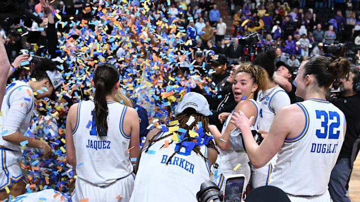 Mar 30, 2025; Spokane, WA, USA; UCLA Bruins celebrates after an Elite 8 NCAA Tournament basketball game against the LSU Lady Tigers at Spokane Arena. Mandatory Credit: James Snook-Imagn Images