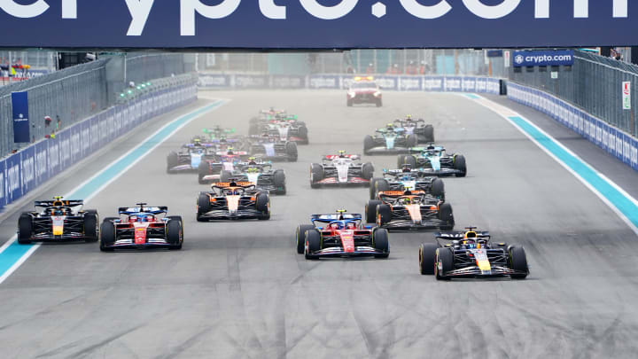 May 5, 2024; Miami Gardens, Florida, USA; Red Bull Racing driver Max Verstappen (1) leads the field during the Miami Grand Prix at Miami International Autodrome. Mandatory Credit: John David Mercer-USA TODAY Sports May 5, 2024; Miami Gardens, Florida, USA; Red Bull Racing driver Max Verstappen (1) leads the field during the Miami Grand Prix at Miami International Autodrome. Mandatory Credit: John David Mercer-USA TODAY Sports