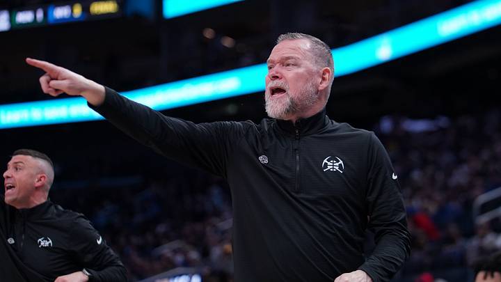 Apr 4, 2025; San Francisco, California, USA;  Denver Nuggets head coach Michael Malone yells direction during a game against the Golden State Warriors in the third period at Chase Center. Mandatory Credit: David Gonzales-Imagn Images