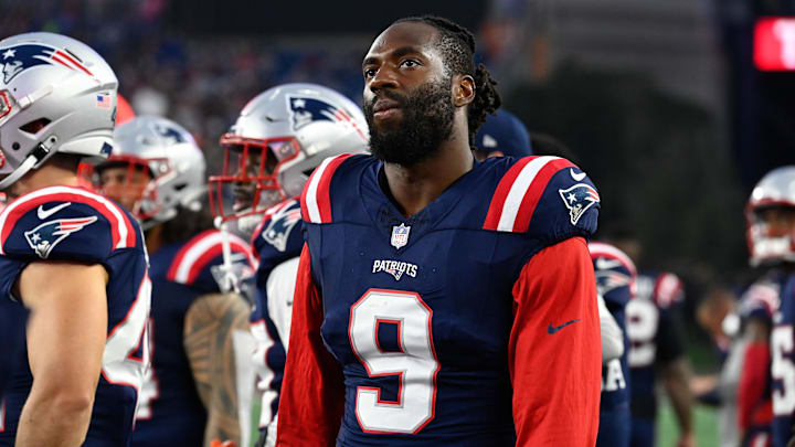 Aug 10, 2023; Foxborough, Massachusetts, USA; New England Patriots linebacker Matthew Judon (9) roams the sideline during the first half against the Houston Texans at Gillette Stadium. Mandatory Credit: Eric Canha-USA TODAY Sports