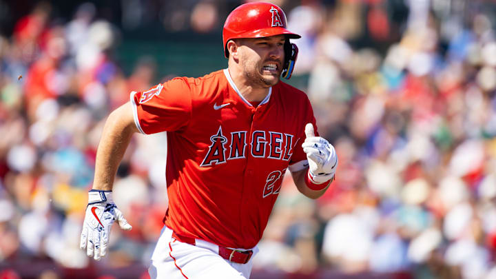 Mar 19, 2024; Tempe, Arizona, USA; Los Angeles Angels outfielder Mike Trout against the Cincinnati