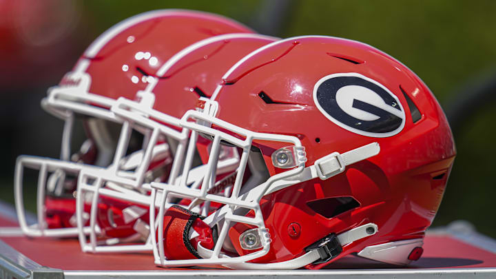 Apr 12, 2025; Athens, GA, USA; Georgia Bulldogs helmets on the bench during the Georgia Spring game at Sanford Stadium. Mandatory Credit: Dale Zanine-Imagn Images