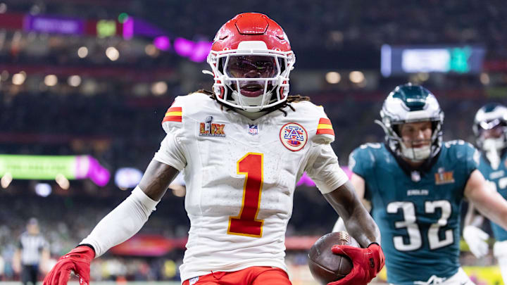 Feb 9, 2025; New Orleans, LA, USA;  Kansas City Chiefs wide receiver Xavier Worthy (1) against the Philadelphia Eagles in Super Bowl LIX at Ceasars Superdome. Mandatory Credit: Mark J. Rebilas-Imagn Images
