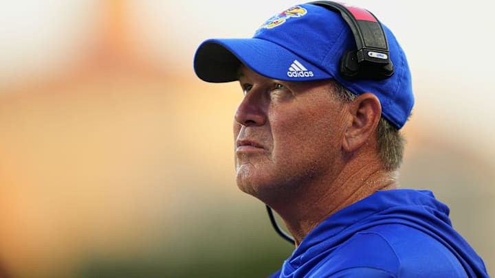 Aug 23, 2025; Lawrence, Kansas, USA; Kansas Jayhawks head coach Lance Leipold reacts during the second half against the Fresno State Bulldogs at David Booth Kansas Memorial Stadium. Mandatory Credit: Jay Biggerstaff-Imagn Images