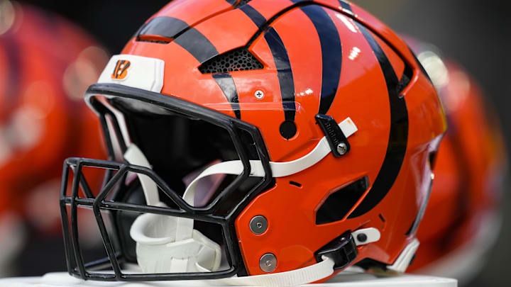 Oct 12, 2025; Green Bay, Wisconsin, USA;  General view of Cincinnati Bengals helmets on the sidelines prior to the game against the Green Bay Packers at Lambeau Field. Mandatory Credit: Jeff Hanisch-Imagn Images