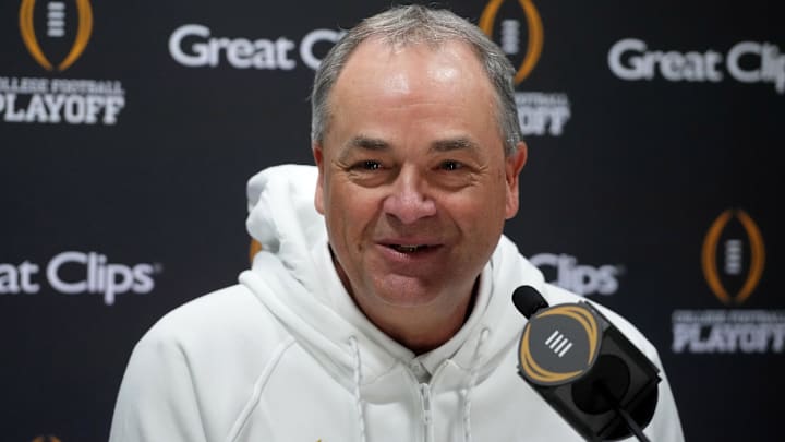 Jan 18, 2025; Atlanta, GA, USA; Notre Dame Fighting Irish offensive coordinator Mike Denbrock talks to the media during 2025 CFP National Championship Media Day at Georgia World Congress Center, Building A. Mandatory Credit: Kirby Lee-Imagn Images