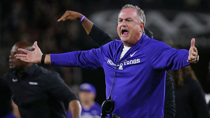 TCU head coach Sonny Dykes yells to an official during a game against Arizona State at Mountain America Stadium in Tempe on Sept. 26, 2025.