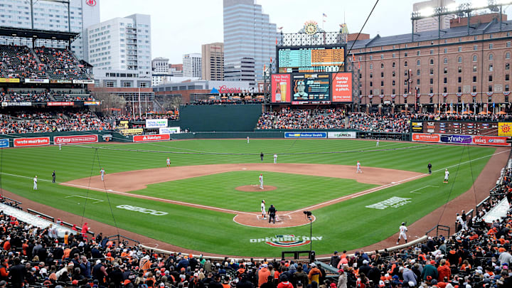 Mar 28, 2024; Baltimore, Maryland, USA; A general view of Oriole Park at Camden Yards during the seventh inning of the Baltimore Orioles game against the Los Angeles Angels at Oriole Park at Camden Yards. Mandatory Credit: Mitch Stringer-Imagn Images