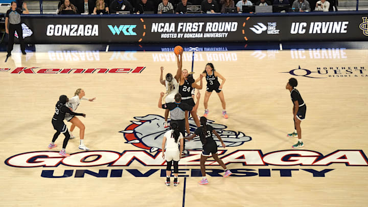 Mar 23, 2024; Spokane, Washington, USA; A general overall view of the opening tipoff between Gonzaga Bulldogs forward Yvonne Ejim (15) and UC Irvine Anteaters forward Nevaeh Dean (24) at McCarthey Athletic Center. Mandatory Credit: Kirby Lee-Imagn Images Mar 23, 2024; Spokane, Washington, USA; A general overall view of the opening tipoff between Gonzaga Bulldogs forward Yvonne Ejim (15) and UC Irvine Anteaters forward Nevaeh Dean (24) at McCarthey Athletic Center. Mandatory Credit: Kirby Lee-Imagn Images