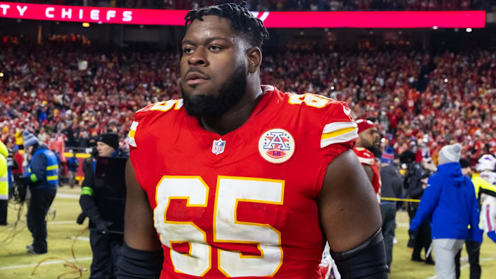 Jan 26, 2025; Kansas City, MO, USA; Kansas City Chiefs guard Trey Smith (65) against the Buffalo Bills in the AFC Championship game at GEHA Field at Arrowhead Stadium. Mandatory Credit: Mark J. Rebilas-Imagn Images Jan 26, 2025; Kansas City, MO, USA; Kansas City Chiefs guard Trey Smith (65) against the Buffalo Bills in the AFC Championship game at GEHA Field at Arrowhead Stadium. Mandatory Credit: Mark J. Rebilas-Imagn Images