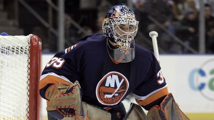 Nov 23, 2005; Uniondale, NY, USA; New York Islanders goalie Rick DiPietro (39) on the ice against the Buffalo Sabres at Nassau Veterans Memorial Coliseum. Credit: Lou Capozzola-USA TODAY NETWORK