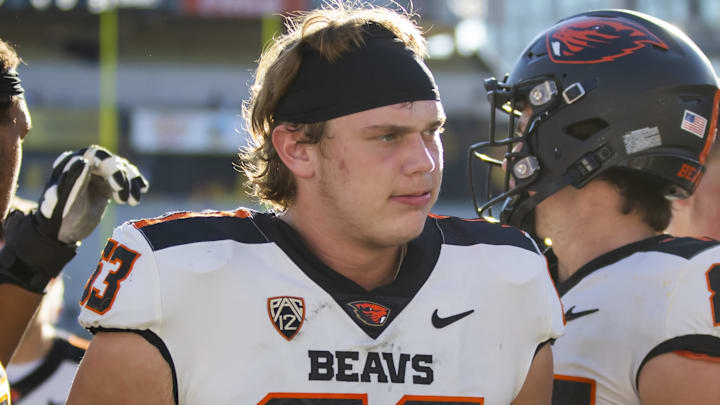Nov 19, 2022; Tempe, Arizona, USA; Oregon State Beavers offensive lineman Luka Vincic (63) against the Arizona State Sun Devils at Sun Devil Stadium. Mandatory Credit: Mark J. Rebilas-Imagn Images