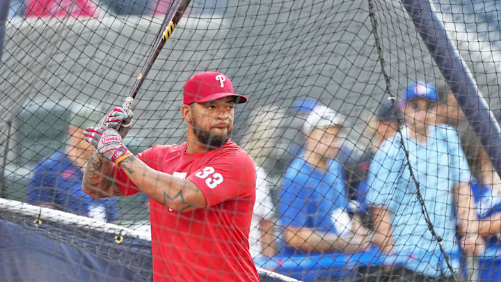 Sep 3, 2024; Toronto, Ontario, CAN; Philadelphia Phillies shortstop Edmundo Sosa takes batting practice before a game.