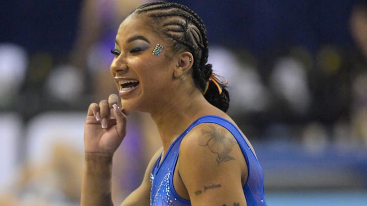 Jan 30, 2026; Los Angeles, CA, USA;  UCLA Bruins Jordan Chiles warms up prior to the gymnastics meet against the Washington Huskies at Pauley Pavilion. Mandatory Credit: Jayne Kamin-Oncea-Imagn Images