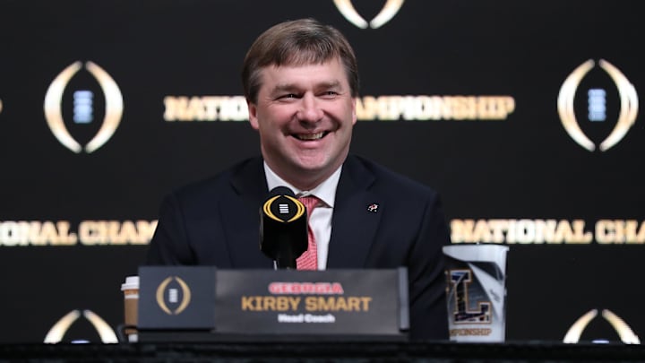 Jan 7, 2018; Atlanta, GA, USA; Georgia Bulldogs head coach Kirby Smart smiles while answering questions during a press conference at the Sheraton Atlanta. Mandatory Credit: Matthew Emmons-Imagn Images