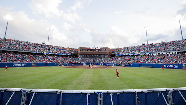 Jun 6, 2025; Oklahoma City, OK, USA;  The Texas Longhorns and the Texas Tech Red Raiders play game three of the NCAA Softball Women's College World Series finals at Devon Park. Mandatory Credit: Brett Rojo-Imagn Images