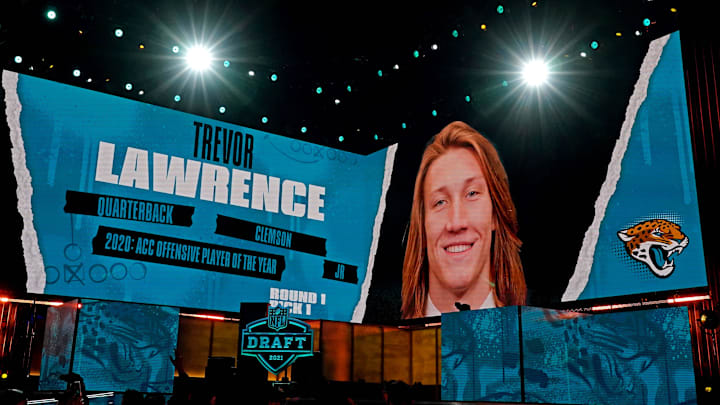 Apr 29, 2021; Cleveland, Ohio, USA; NFL commissioner Roger Goodell announces Trevor Lawrence (Clemson) being selected by the Jacksonville Jaguars as the number one overall pick in the first round of the 2021 NFL Draft at First Energy Stadium. Mandatory Credit: Kirby Lee-Imagn Images