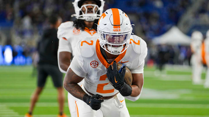Tennessee running back Star Thomas (9) pulls against Tennessee running back Peyton Lewis (2) during warm-ups for a NCAA football game against Kentucky at Kroger Field in Lexington, Kentucky on Oct. 25, 2025. Tennessee running back Star Thomas (9) pulls against Tennessee running back Peyton Lewis (2) during warm-ups for a NCAA football game against Kentucky at Kroger Field in Lexington, Kentucky on Oct. 25, 2025.