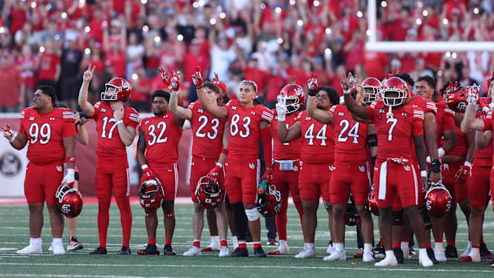 The Utah Utes hold a moment of loudness between the third and fourth quarter of the game against the Cal Poly Mustangs at Rice-Eccles Stadium. The Utah Utes hold a moment of loudness between the third and fourth quarter of the game against the Cal Poly Mustangs at Rice-Eccles Stadium.