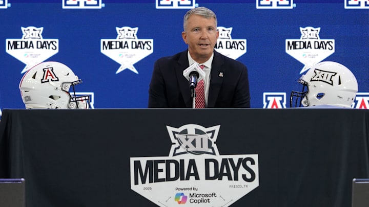 Jul 9, 2025; Frisco, TX, USA; Arizona head coach Brent Brennan speaks with the media during 2025 Big 12 Football Media Days at The Star. Mandatory Credit: Raymond Carlin III-Imagn Images