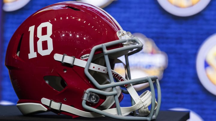 Jul 19, 2022; Atlanta, GA, USA; The Alabama helmet on the stage during the SEC Media Days at the College Football Hall of Fame. Mandatory Credit: Dale Zanine-USA TODAY Sports