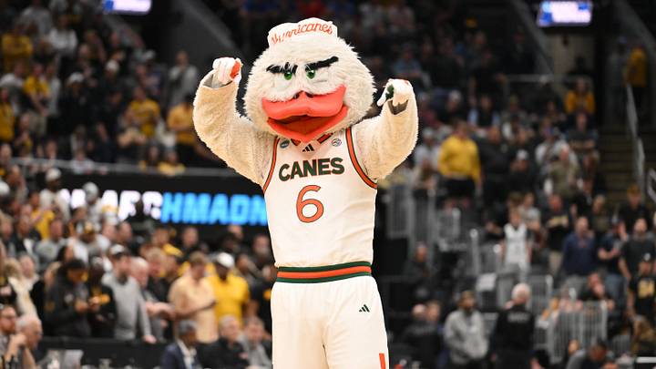 Mar 20, 2026; St. Louis, MO, USA; The Miami (FL) Hurricanes mascot during a first round game of the men's 2026 NCAA Tournament at Enterprise Center. Mandatory Credit: Jeff Curry-Imagn Images Mar 20, 2026; St. Louis, MO, USA; The Miami (FL) Hurricanes mascot during a first round game of the men's 2026 NCAA Tournament at Enterprise Center. Mandatory Credit: Jeff Curry-Imagn Images