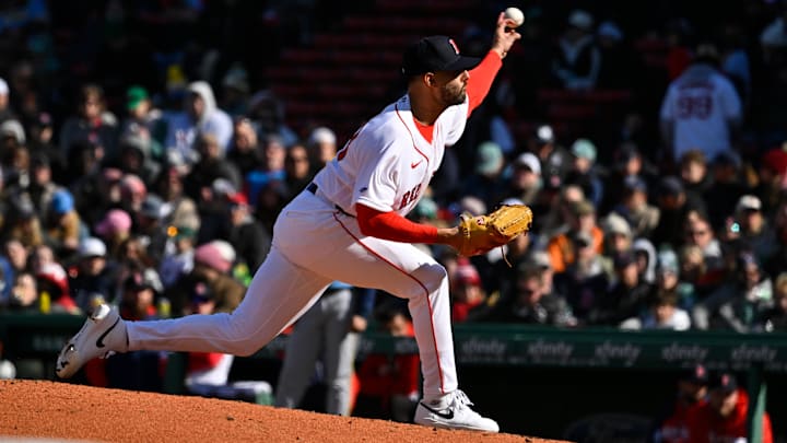 Apr 8, 2026; Boston, Massachusetts, USA; Boston Red Sox relief pitcher Tyler Samaniego (78) pitches against the Milwaukee Brewers during the eighth inning at Fenway Park. Mandatory Credit: Eric Canha-Imagn Images