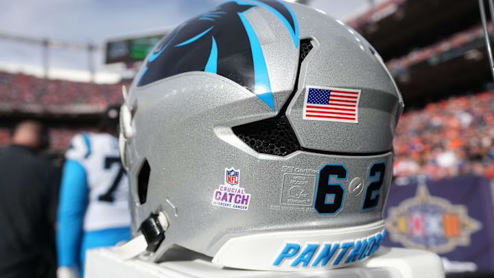Oct 27, 2024; Denver, Colorado, USA; General view of a Carolina Panthers helmet during the second half against the Denver Broncos at Empower Field at Mile High. Mandatory Credit: Ron Chenoy-Imagn Images