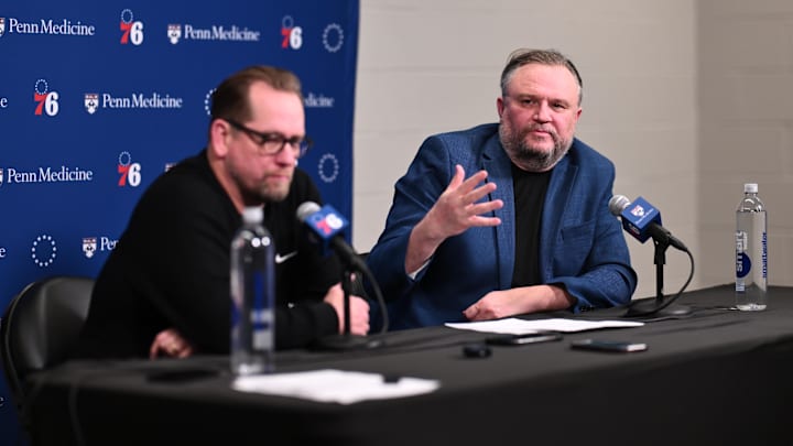 Apr 13, 2025; Philadelphia, Pennsylvania, USA; Philadelphia 76ers president of basketball operations Daryl Morey addresses the media with head coach Nick Nurse after the game against the Chicago Bulls at Wells Fargo Center. Mandatory Credit: Kyle Ross-Imagn Images