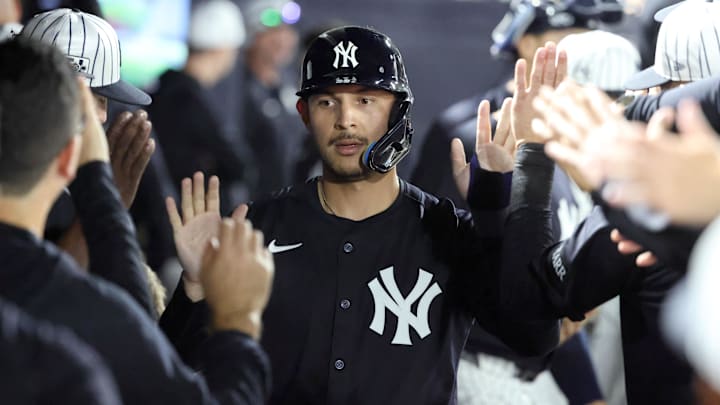 Mar 3, 2025; Tampa, Florida, USA; New York Yankees catcher Alex Jackson (39) is congratulated after he scored a run during the second inning against the Pittsburgh Pirates at George M. Steinbrenner Field. Mandatory Credit: Kim Klement Neitzel-Imagn Images Mar 3, 2025; Tampa, Florida, USA; New York Yankees catcher Alex Jackson (39) is congratulated after he scored a run during the second inning against the Pittsburgh Pirates at George M. Steinbrenner Field. Mandatory Credit: Kim Klement Neitzel-Imagn Images