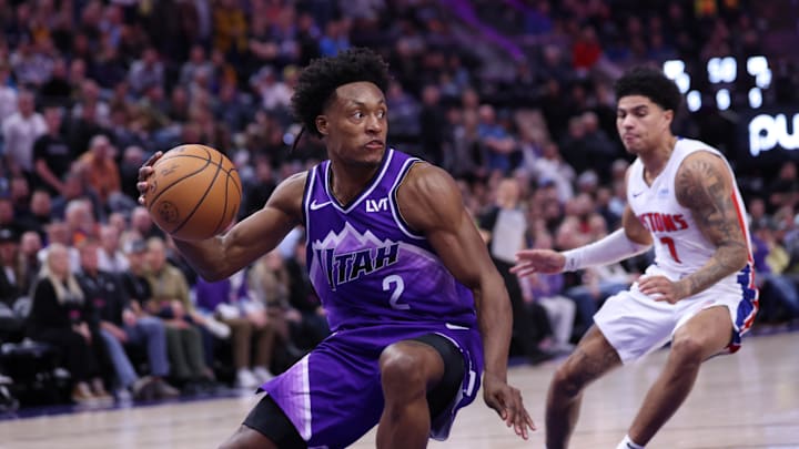 Jan 3, 2024; Salt Lake City, Utah, USA; Utah Jazz guard Collin Sexton (2) dribbles the ball away